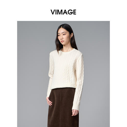 VIMAGE纬漫纪绵羊毛时尚长袖复古圆领绞花针织衫上衣秋季新款V2401106 商品图2