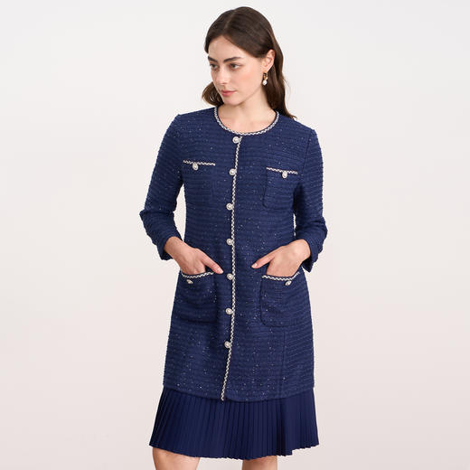 EITIE爱特爱亮片粗花呢气质圆领直筒百褶蓝色连衣裙秋冬新款D2507915 商品图1