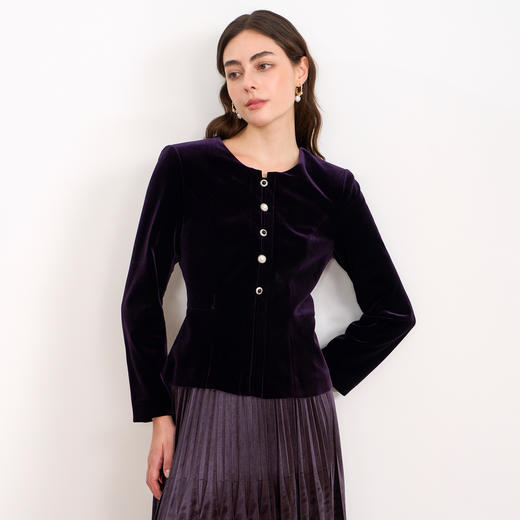 【复古丝绒修身上衣】EITIE爱特爱精致纽扣显瘦优雅秋冬新款小上衣D2513909 商品图6