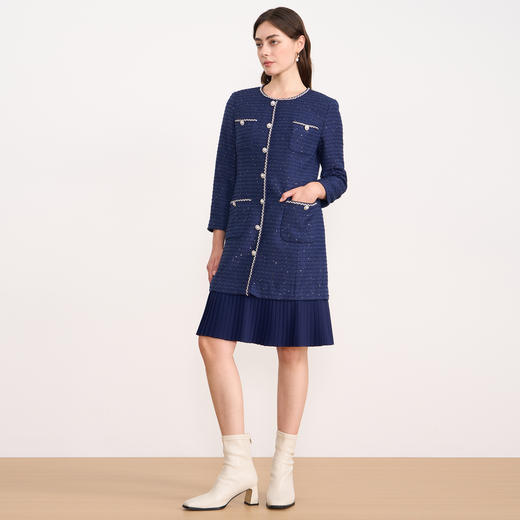 EITIE爱特爱亮片粗花呢气质圆领直筒百褶蓝色连衣裙秋冬新款D2507915 商品图3