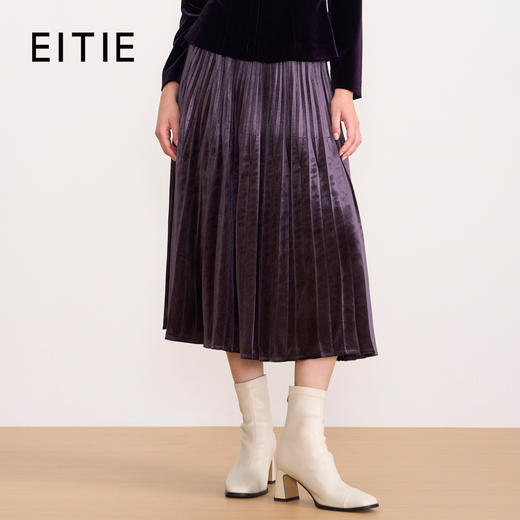 EITIE爱特爱优雅复古丝绒高腰百褶a字显瘦过膝半身裙秋冬新款D2506903 商品图1