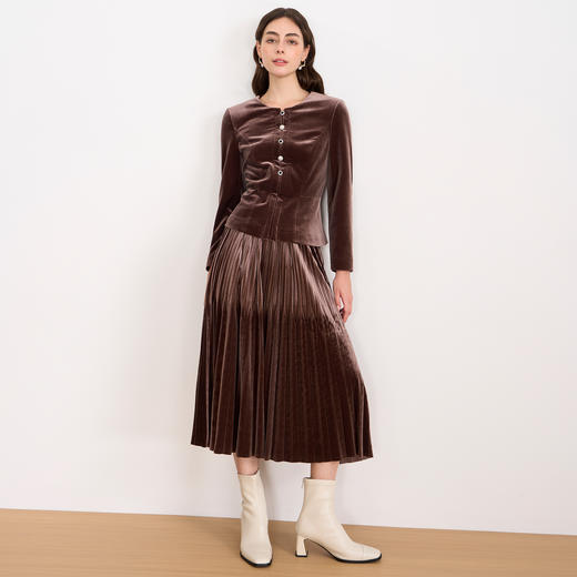 EITIE爱特爱优雅复古丝绒高腰百褶a字显瘦过膝半身裙秋冬新款D2506903 商品图4