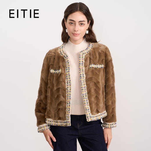 EITIE爱特爱精致优雅粗花呢拼接水貂毛皮草短外套冬季新款D2593901X 商品图2