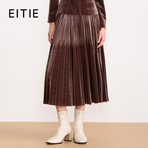 EITIE爱特爱优雅复古丝绒高腰百褶a字显瘦过膝半身裙秋冬新款D2506903 商品图0