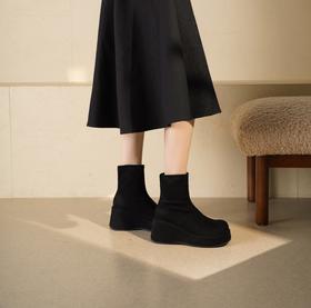 西村名物2025年冬季新款厚底增高防水台防滑百搭弹力靴松糕底短靴T25DS49271