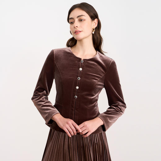 【复古丝绒修身上衣】EITIE爱特爱精致纽扣显瘦优雅秋冬新款小上衣D2513909 商品图2