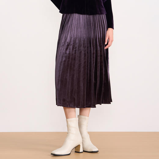 EITIE爱特爱优雅复古丝绒高腰百褶a字显瘦过膝半身裙秋冬新款D2506903 商品图7