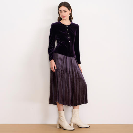 EITIE爱特爱优雅复古丝绒高腰百褶a字显瘦过膝半身裙秋冬新款D2506903 商品图8