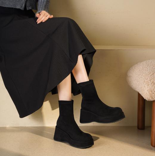 西村名物2025年冬季新款厚底增高防水台防滑百搭弹力靴松糕底短靴T25DS49271 商品图1