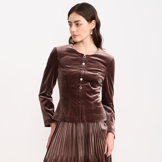 【复古丝绒修身上衣】EITIE爱特爱精致纽扣显瘦优雅秋冬新款小上衣D2513909 商品图3
