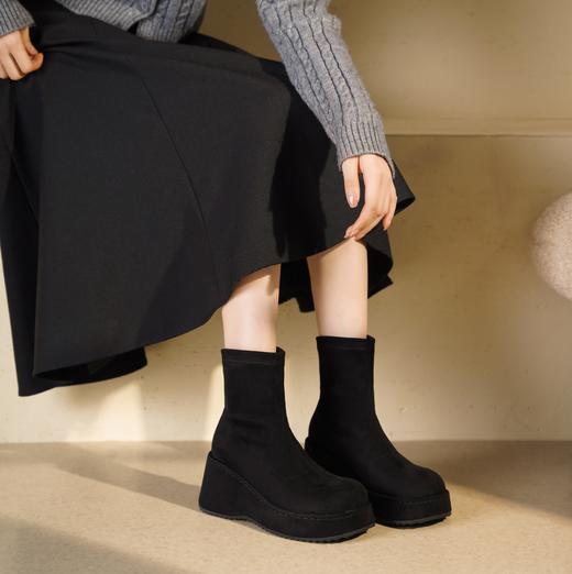 西村名物2025年冬季新款厚底增高防水台防滑百搭弹力靴松糕底短靴T25DS49271 商品图2