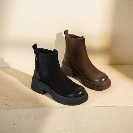 西村名物2025年冬季新款复古拼接简约百搭粗跟英伦风烟筒靴切尔西靴T25DS49121 商品图7