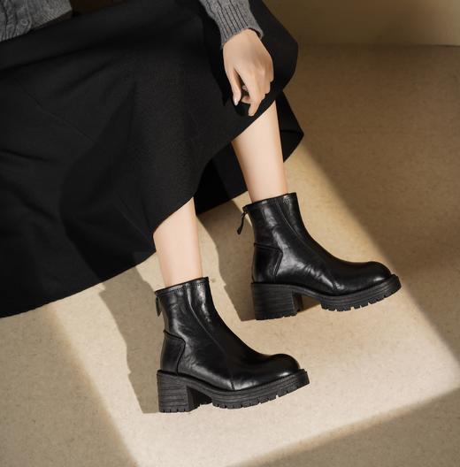 西村名物2025年秋冬新款粗跟高跟增高洋气英伦风厚底防滑短靴瘦瘦靴T25DS49251 商品图2