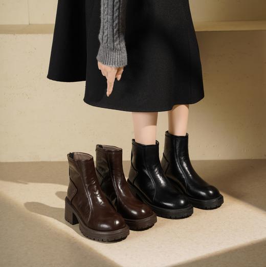 西村名物2025年秋冬新款粗跟高跟增高洋气英伦风厚底防滑短靴瘦瘦靴T25DS49251 商品图0