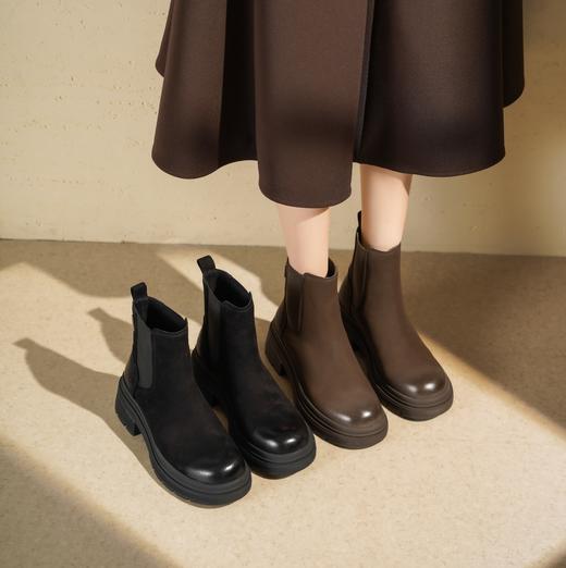 西村名物2025年冬季新款复古拼接简约百搭粗跟英伦风烟筒靴切尔西靴T25DS49121 商品图0