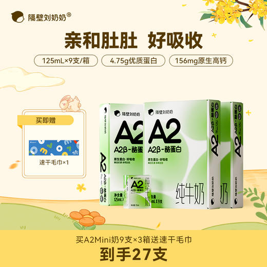 隔壁刘奶奶A2β酪蛋白mini纯牛奶125ml*9盒装 亲和肚肚 适合乳糖不耐受宝宝 直接选购！ 商品图0