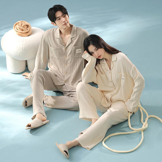 【换季出清】【透气婴儿棉】自然醒「椰椰奶泡」双层纱秋季柔软全棉情侣长袖睡衣A类简约家居服套装JLM 商品图7