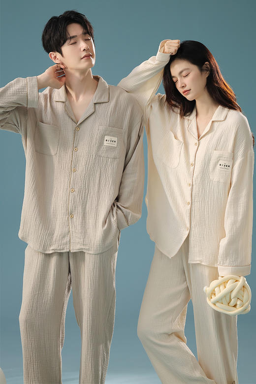 【换季出清】【透气婴儿棉】自然醒「椰椰奶泡」双层纱秋季柔软全棉情侣长袖睡衣A类简约家居服套装JLM 商品图8