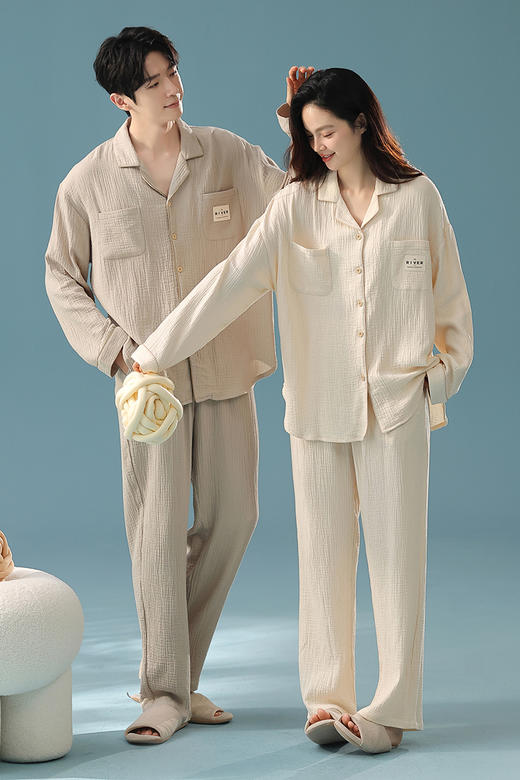 【换季出清】【透气婴儿棉】自然醒「椰椰奶泡」双层纱秋季柔软全棉情侣长袖睡衣A类简约家居服套装JLM 商品图9