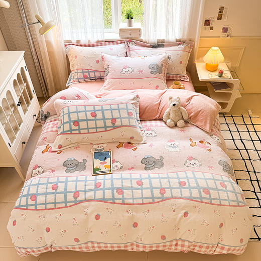 【换季出清】自然醒秋冬款A类小清新印花牛奶绒四件套卡通加厚加绒冬季法兰珊瑚绒床品被套三件套QJ 商品图0