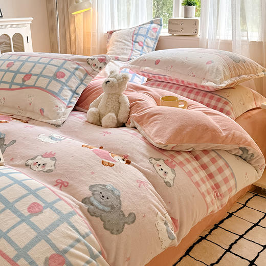 【换季出清】自然醒秋冬款A类小清新印花牛奶绒四件套卡通加厚加绒冬季法兰珊瑚绒床品被套三件套QJ 商品图7