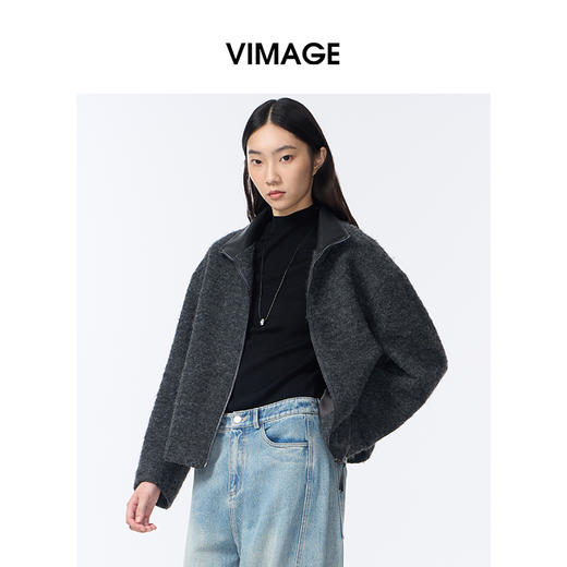 VIMAGE纬漫纪高级灰立领金属拉链设计慵懒感秋冬新款大衣外套V2403103 商品图3