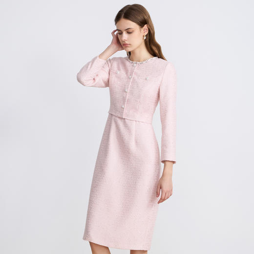 EITIE爱特爱优雅精致粉色千金感小香风粗花呢秋季新款连衣裙C2507860 商品图2