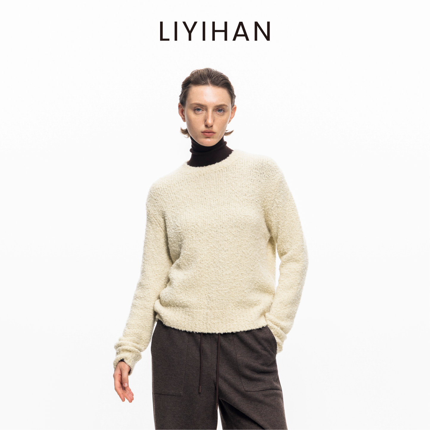 LIYIHAN 2025年秋冬季羊毛宽松套头毛衣女蓝色毛针织衫小众设计感