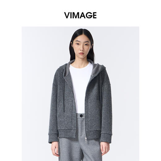 VIMAGE纬漫纪深灰色高级感带帽秋冬新款时尚减龄卫衣外套V2403104 商品图4