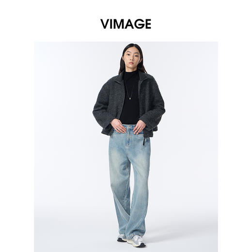 VIMAGE纬漫纪高级灰立领金属拉链设计慵懒感秋冬新款大衣外套V2403103 商品图0