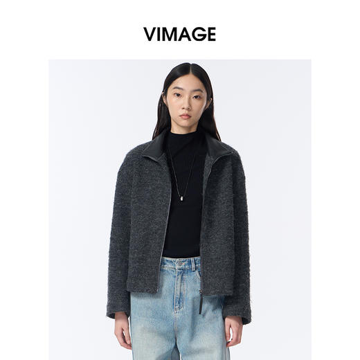 VIMAGE纬漫纪高级灰立领金属拉链设计慵懒感秋冬新款大衣外套V2403103 商品图2