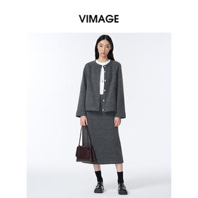 VIMAGE纬漫纪深灰色时尚减龄圆领直筒版型秋冬新款外套V2403105