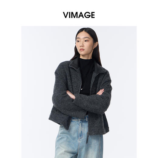 VIMAGE纬漫纪高级灰立领金属拉链设计慵懒感秋冬新款大衣外套V2403103 商品图5