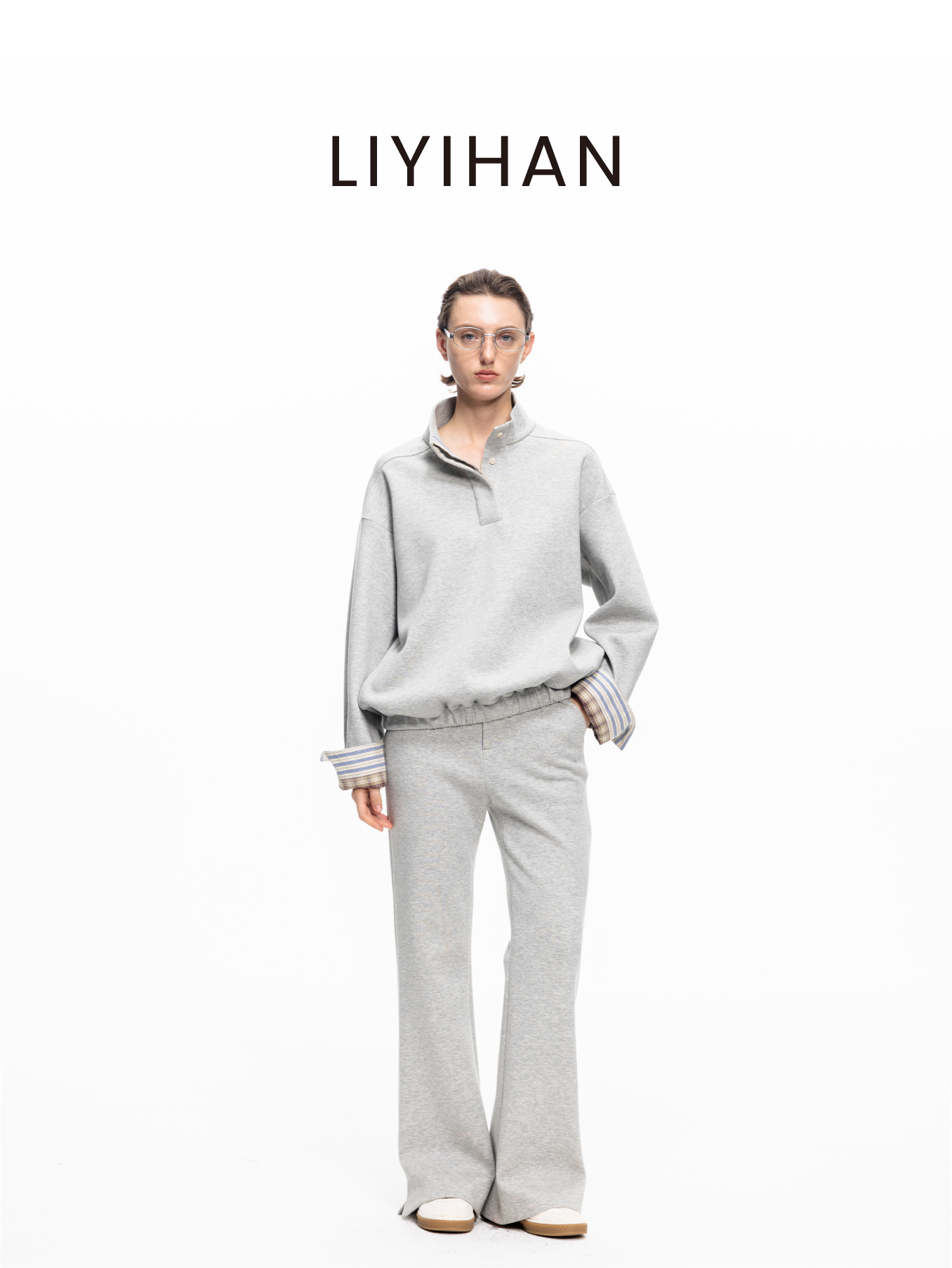 LIYIHAN 2025秋冬新款法式职场针织卫衣灰色休闲套装小众设计感女