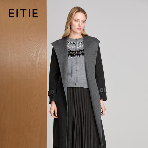 EITIE爱特爱加宽撞色大翻领连帽设计系带保暖时尚冬季新款大衣8414112 商品图0