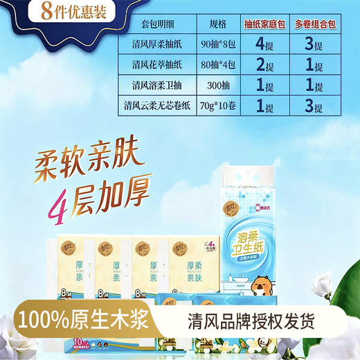 清风 抽纸卷纸组合包超值套装 到手8件（厚柔抽纸*90抽*8包+花萃抽纸*80抽*4包+溶柔卫抽*300抽+云柔无芯卷纸*70g*10卷）72小时发货 商品图0