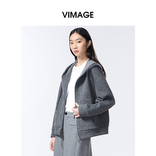 VIMAGE纬漫纪深灰色高级感带帽秋冬新款时尚减龄卫衣外套V2403104 商品图2