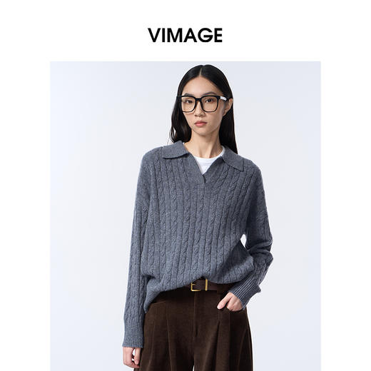VIMAGE纬漫纪灰色复古慵懒感秋冬新款针织衫V2401113 商品图1