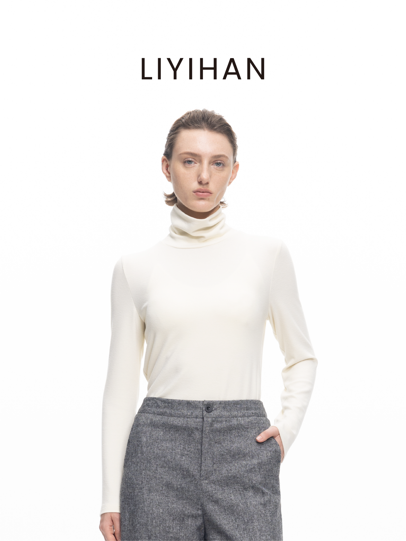 LIYIHAN2025年秋冬新款莫代尔高领长袖T恤白色女打底衫小众设计感