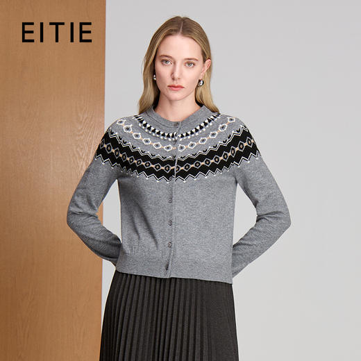 EITIE爱特爱圆领长袖肩领一圈几何提花费尔岛元素氛围感冬季保暖针织衫8401112 商品图0
