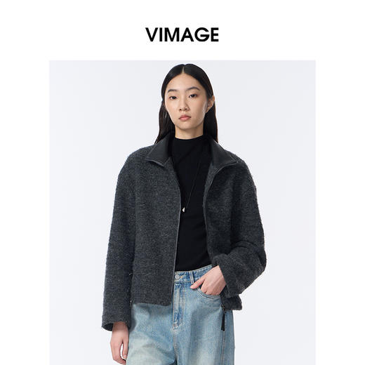 VIMAGE纬漫纪高级灰立领金属拉链设计慵懒感秋冬新款大衣外套V2403103 商品图1