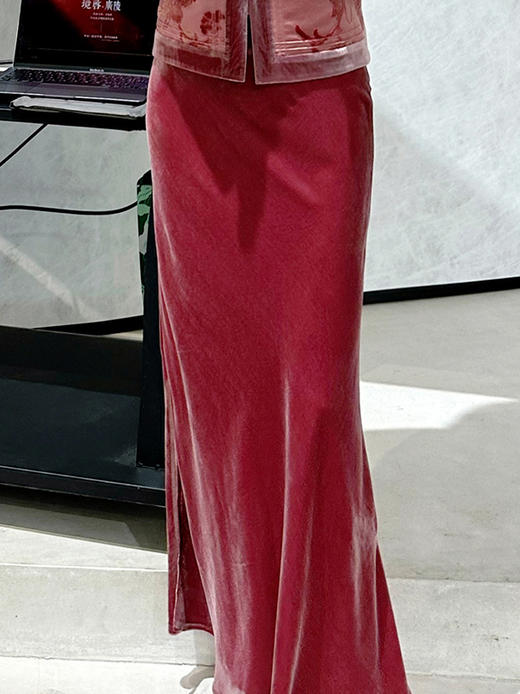 盛唐牡丹 | 杨妃粉真丝丝绒女半裙 商品图0