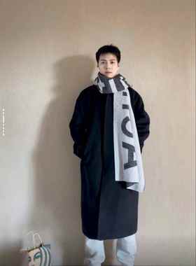 Acne Studios 可回收羊毛混纺logo印花  黑灰色 绒线围巾 男女同款情侣款