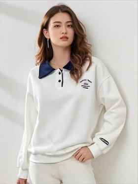 【工艺系列卫衣】刺绣款～95%棉翻领拼色领绣标刺绣卫衣-喜出