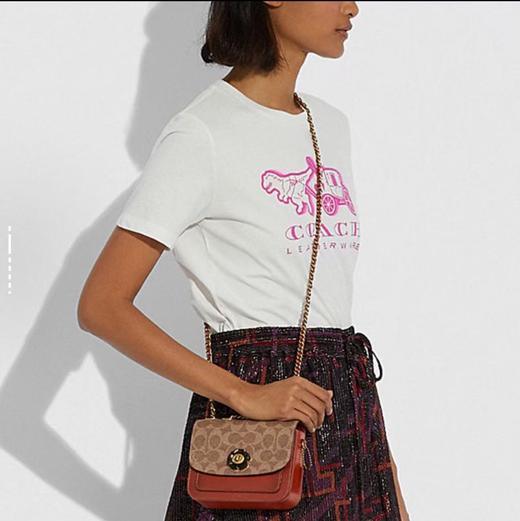 COACH蔻驰 Madison 16 山茶花旋扣标志性Logo吊饰拼色 小牛皮拼皮革 小方包单肩斜挎包 女款 棕色拼老花 商品图0