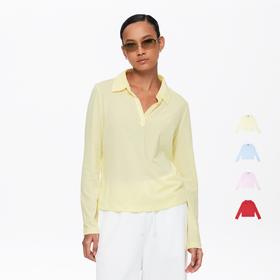 oneup亚麻翻领V领长袖Polo