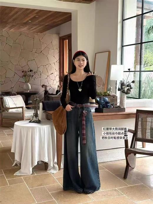 1.22限时秒杀！不支持退货  实体店200+【爆款牛仔】2025秋季新品～25019红腰带大腿脚甩甩裤高腰显瘦阔腿裤-喜出 商品图6