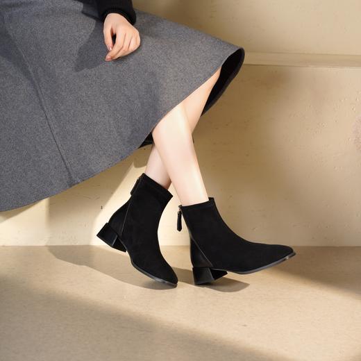 西村名物2025年冬季新款粗跟短筒绒面时尚切尔西靴T25DS49581 商品图3