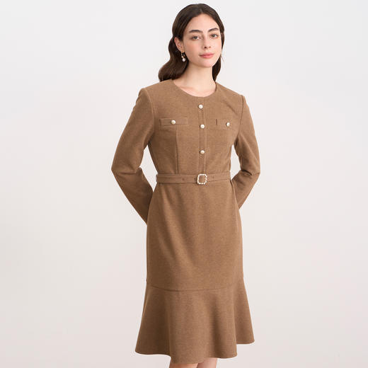 EITIE爱特爱优雅鱼尾收腰显瘦驼色呢子长袖连衣裙秋冬新款D2507923 商品图2
