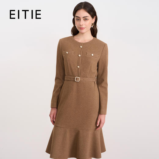 EITIE爱特爱优雅鱼尾收腰显瘦驼色呢子长袖连衣裙秋冬新款D2507923 商品图0